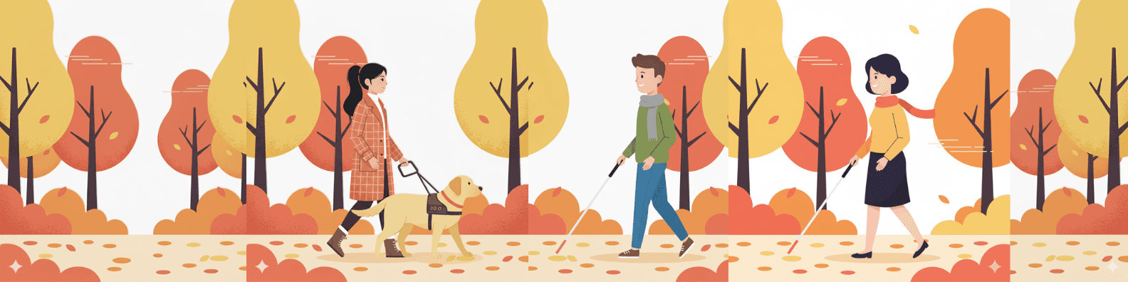 Vision Impaired people walk in a park: - One of them is walking a dog - Two of them are holding their canes for navigation